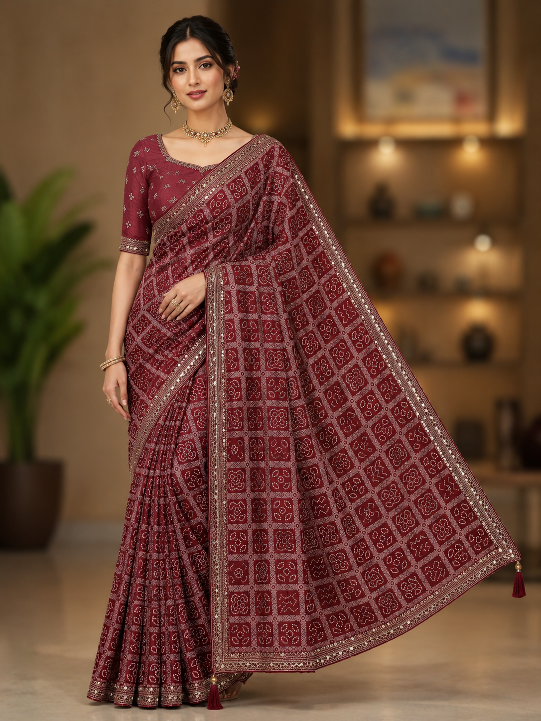 Maroon Bandhani Printed Saree with Motifs and Tasselled Pallu