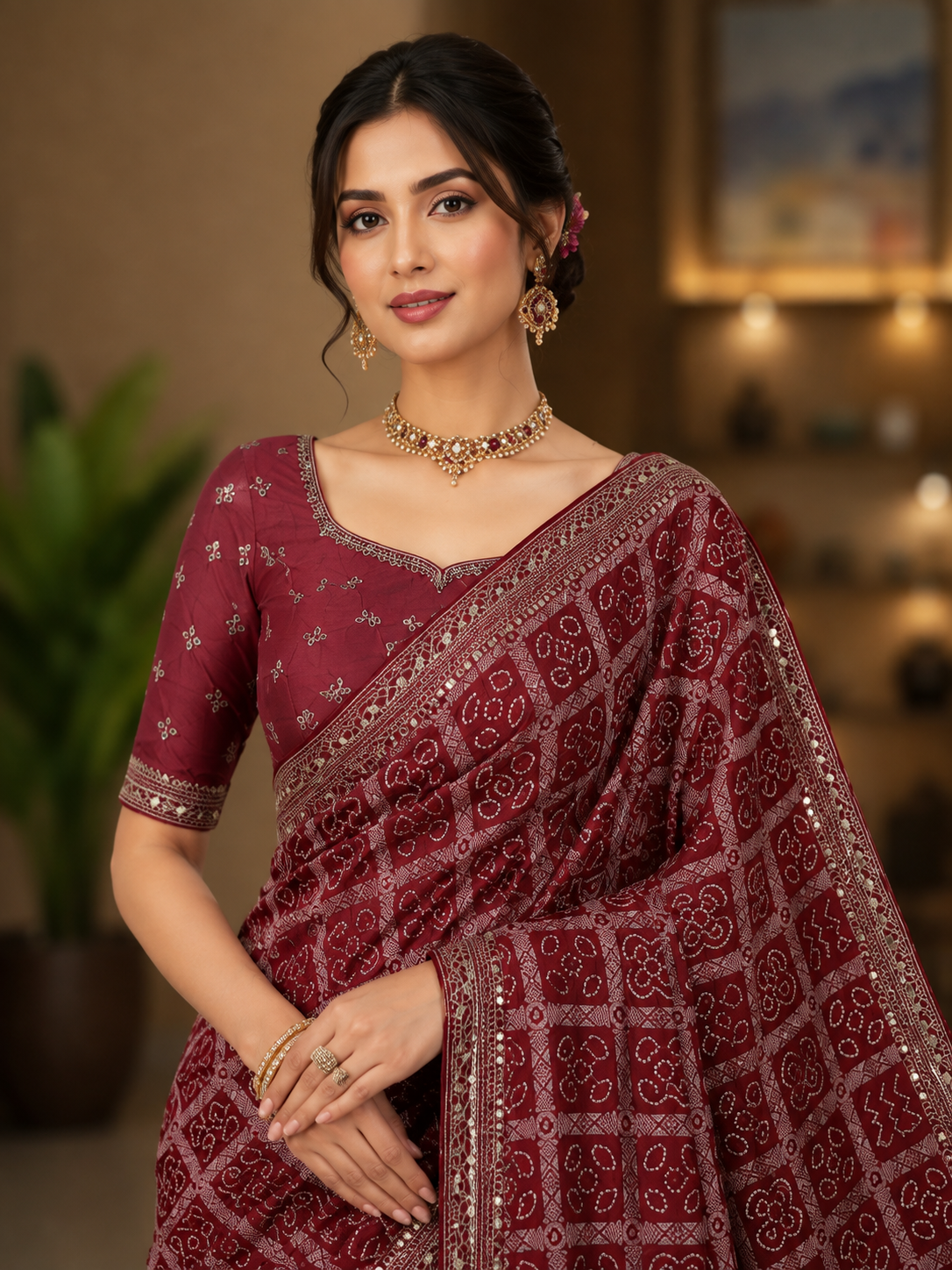 Maroon Bandhani Printed Saree with Motifs and Tasselled Pallu