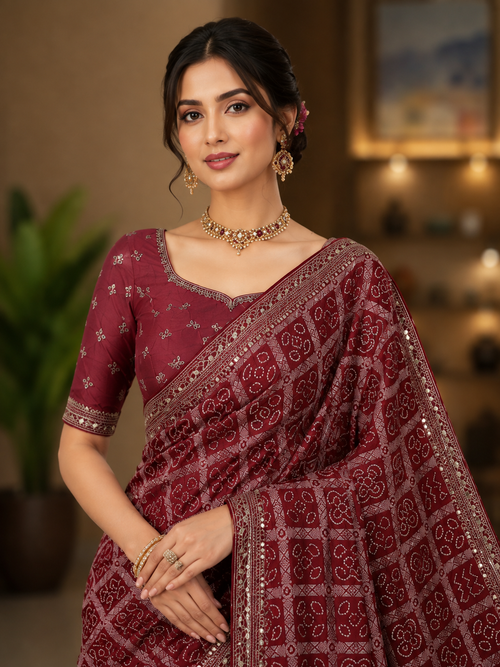 Maroon Bandhani Printed Saree with Motifs and Tasselled Pallu