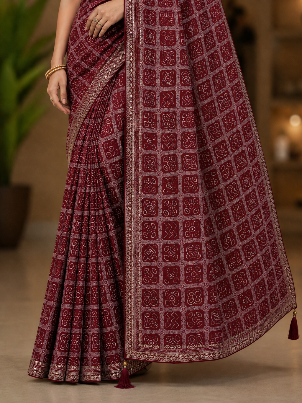 Maroon Bandhani Printed Saree with Motifs and Tasselled Pallu