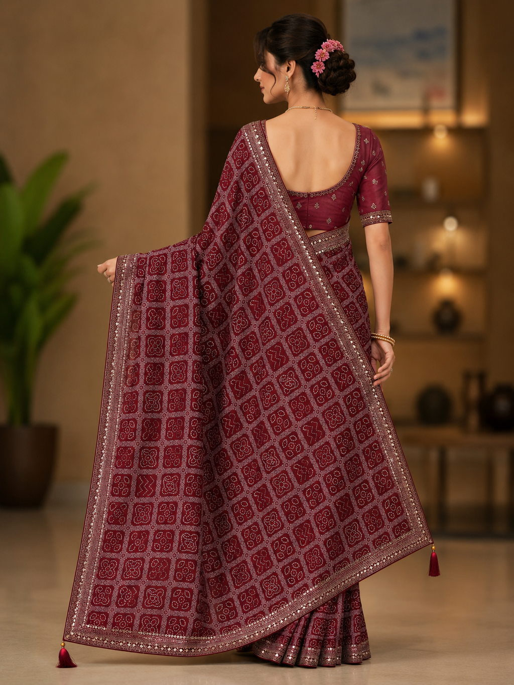 Maroon Bandhani Printed Saree with Motifs and Tasselled Pallu