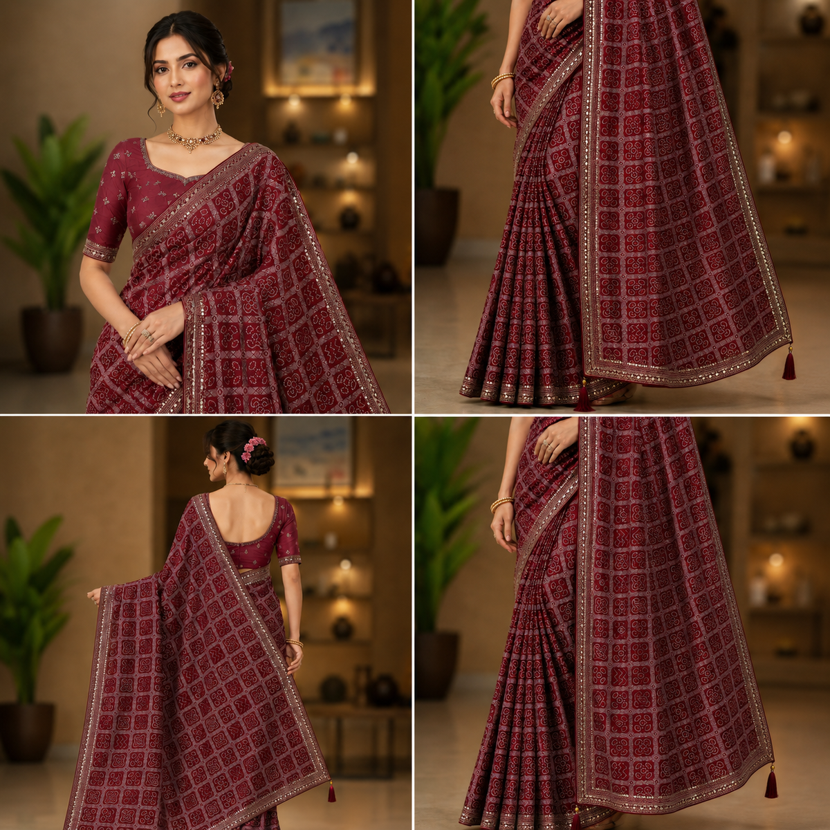 Maroon Bandhani Printed Saree with Motifs and Tasselled Pallu