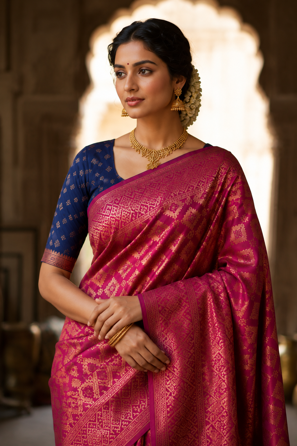 Premium Magenta & Navy Blue Woven Silk Blend Saree with Rich Zari Design