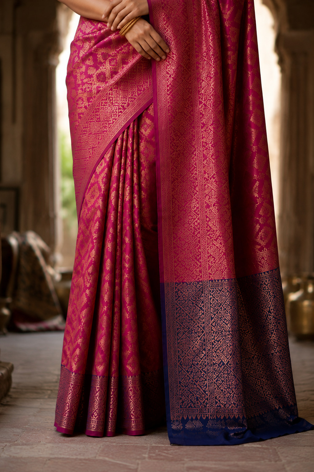Premium Magenta & Navy Blue Woven Silk Blend Saree with Rich Zari Design