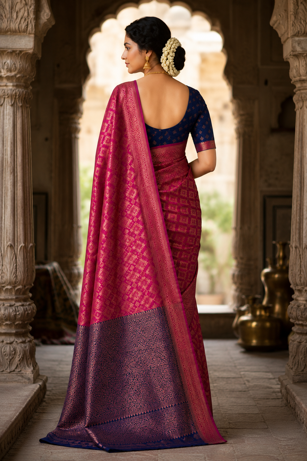Premium Magenta & Navy Blue Woven Silk Blend Saree with Rich Zari Design
