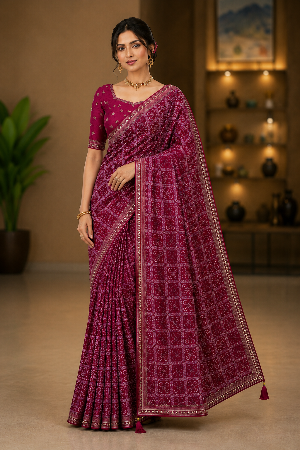 Traditional Red Bandhani Print Saree with Elegant Golden Border