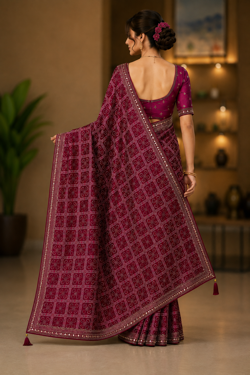 Traditional Red Bandhani Print Saree with Elegant Golden Border