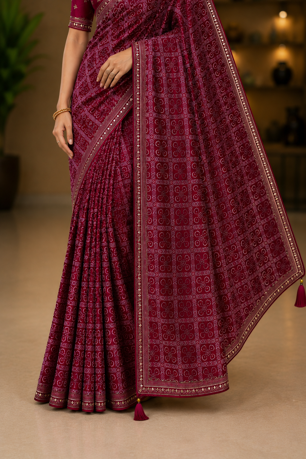 Traditional Red Bandhani Print Saree with Elegant Golden Border