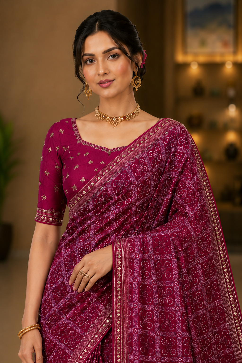 Traditional Red Bandhani Print Saree with Elegant Golden Border