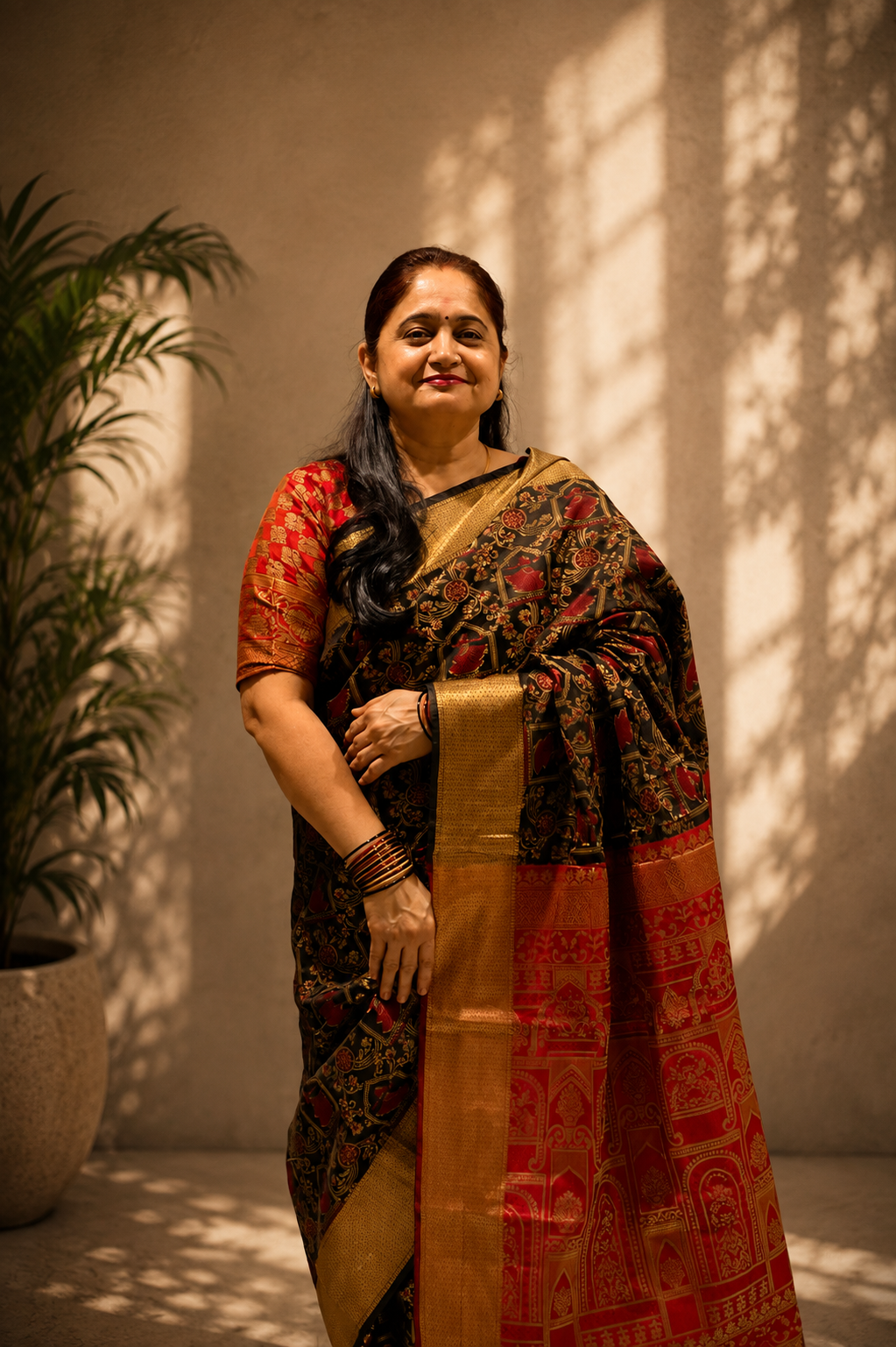 Regal Black & Maroon Printed Saree with Gold Zari Border