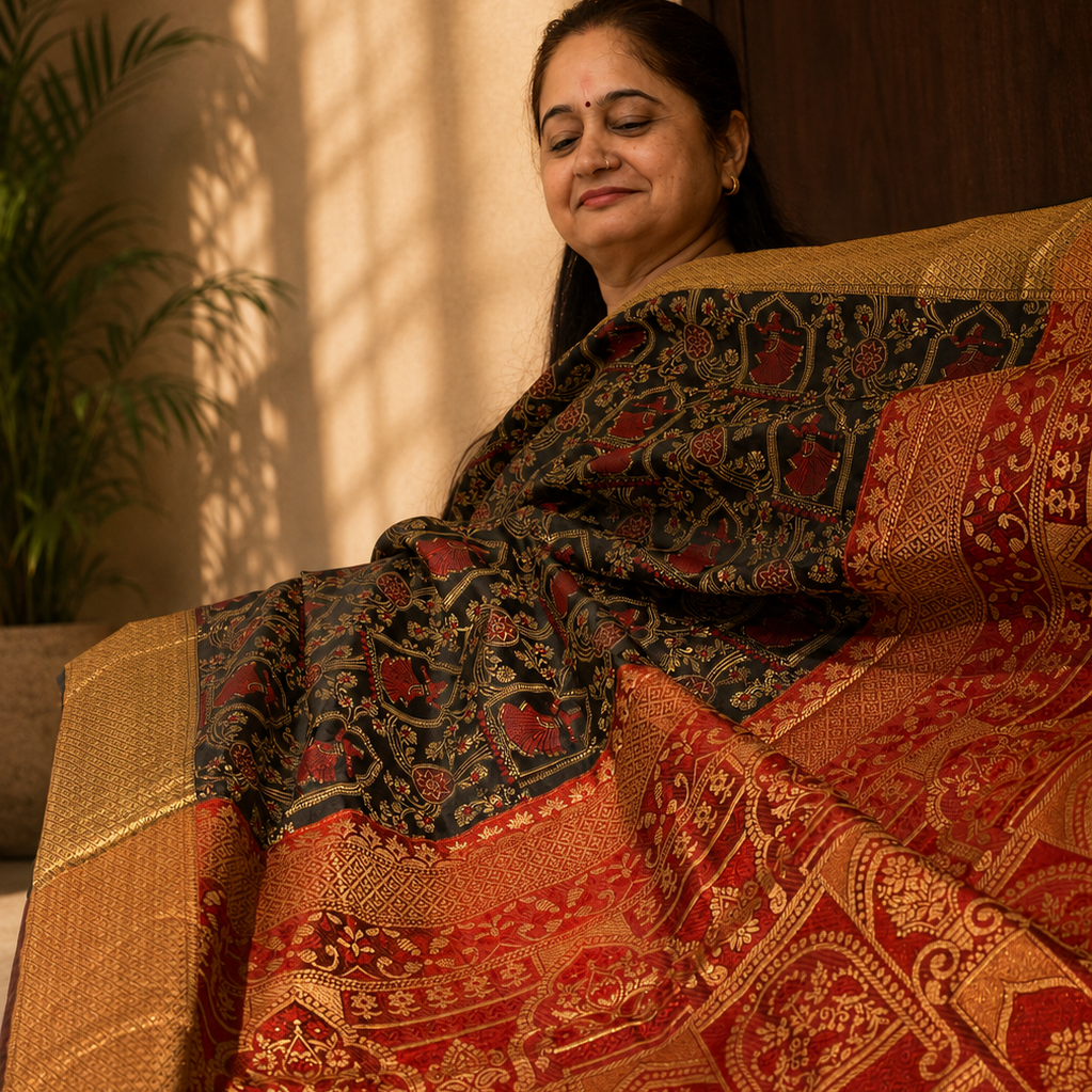 A woman draped in an ornate red and gold Banarasi silk saree, with her eyes closed in a serene expression, set against a warm, sunlit background with a plant visible on the left.