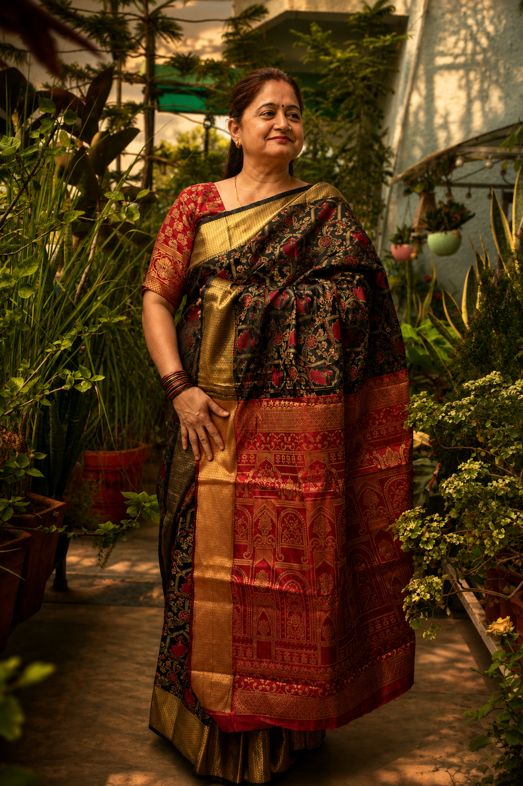 Regal Black & Maroon Printed Saree with Gold Zari Border