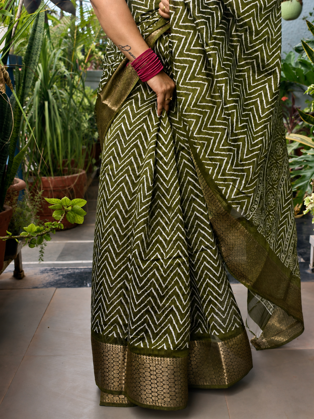 Olive Green Printed Saree