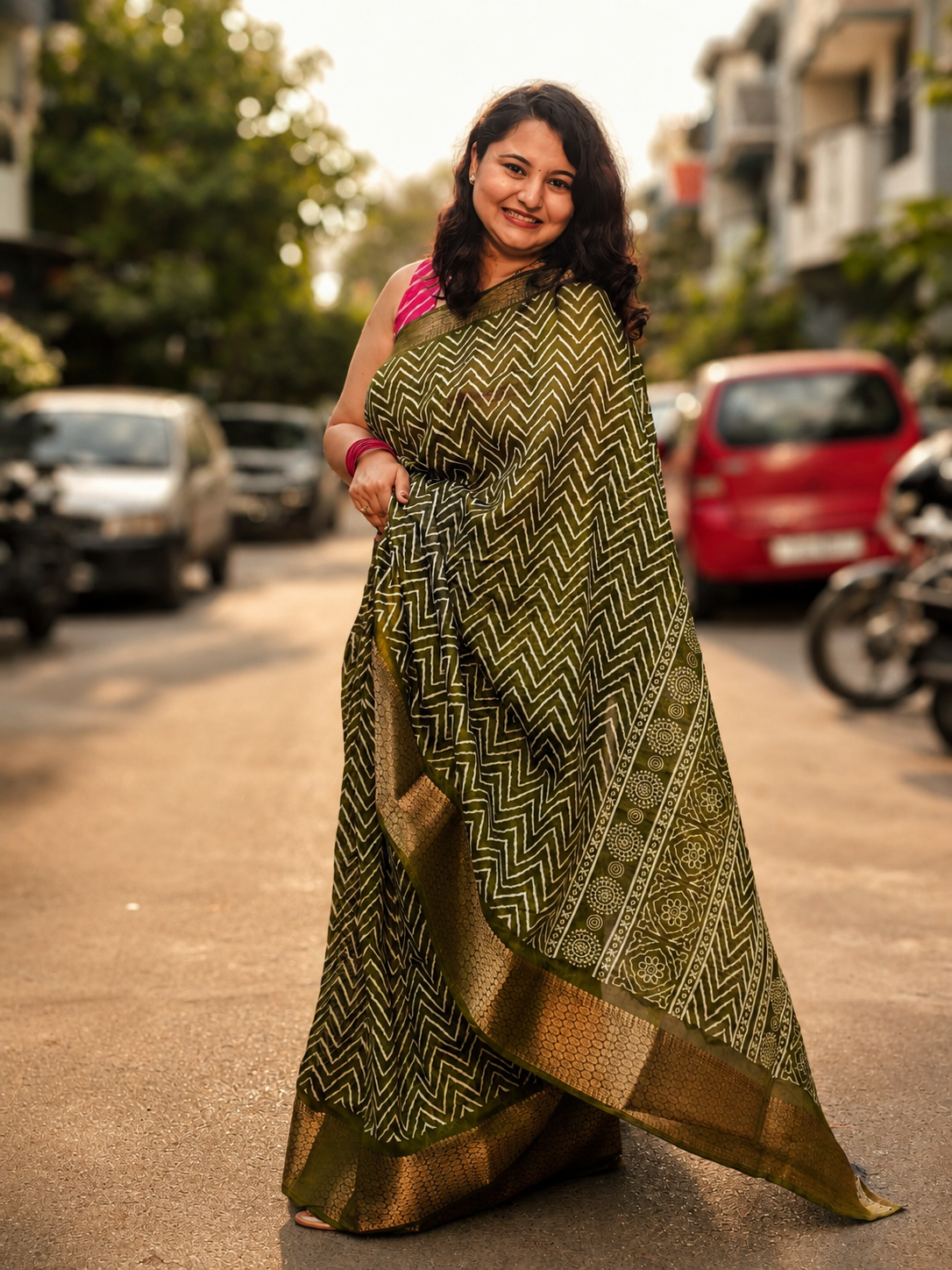 Olive Green Printed Saree