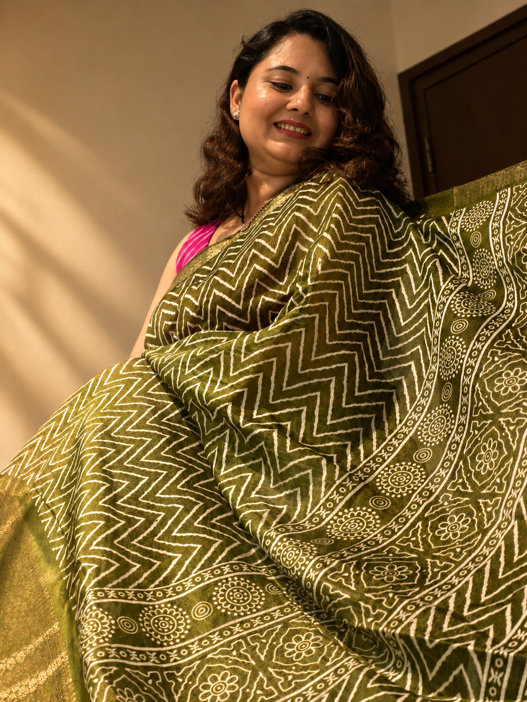 Olive Green Printed Saree