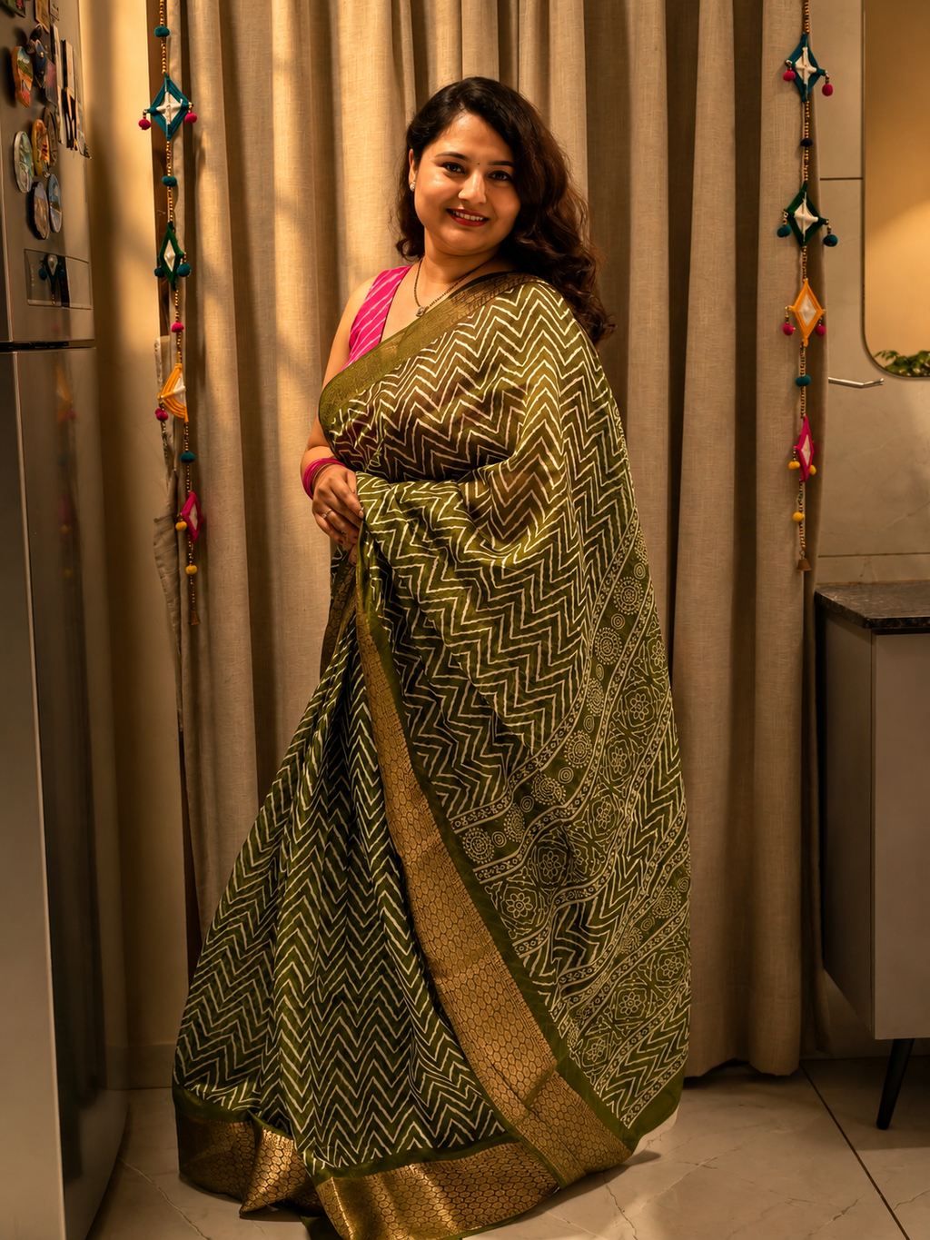 Olive Green Printed Saree
