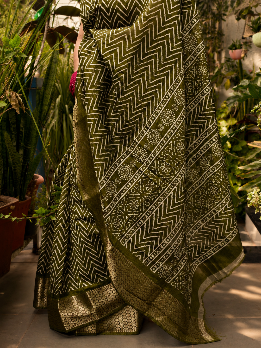 Olive Green Printed Saree