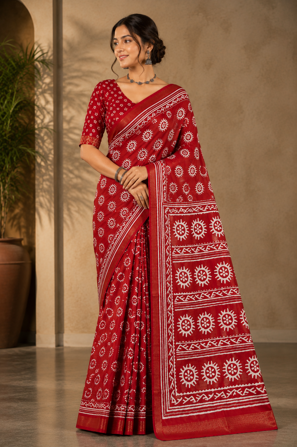 Crimson Red Traditional Printed Saree with White Folk Motifs and Rich Woven Border