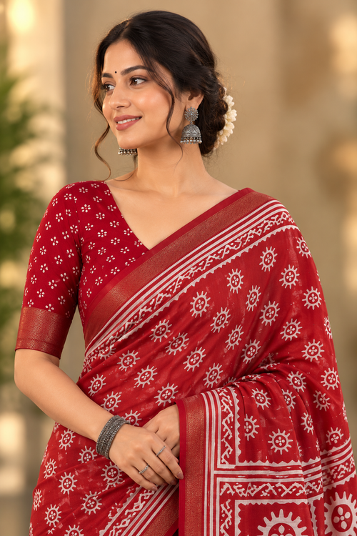 Crimson Red Traditional Printed Saree with White Folk Motifs and Rich Woven Border