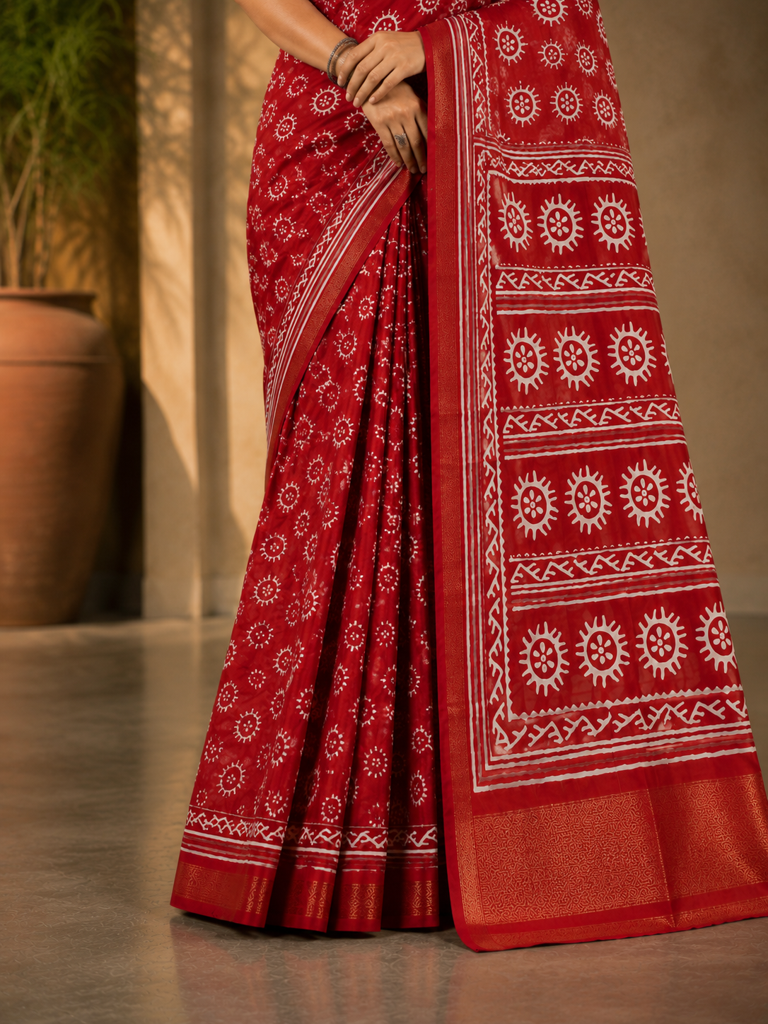 Crimson Red Traditional Printed Saree with White Folk Motifs and Rich Woven Border