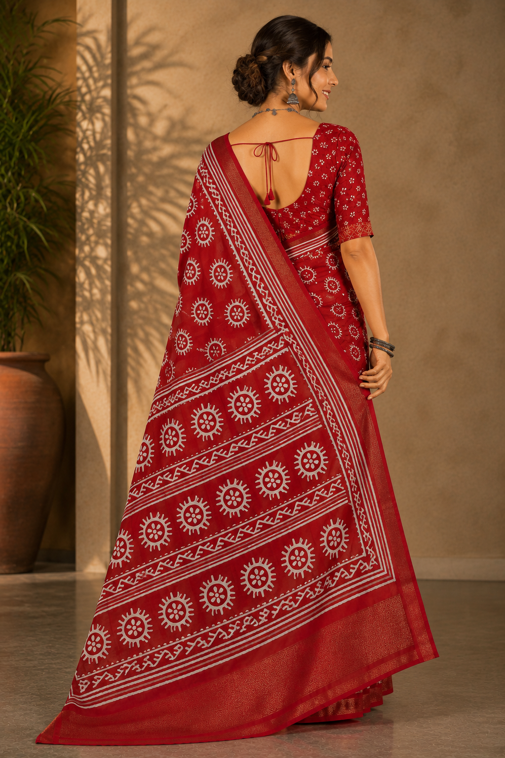 Crimson Red Traditional Printed Saree with White Folk Motifs and Rich Woven Border