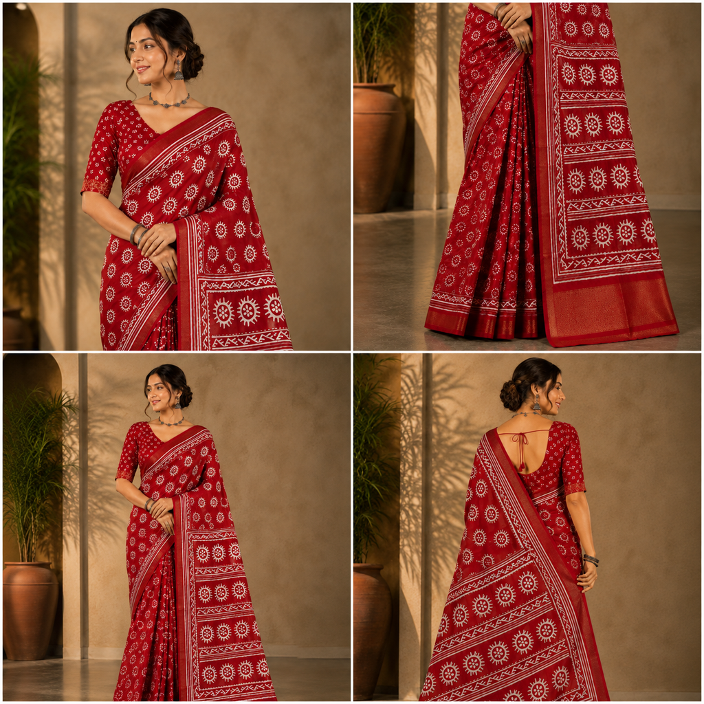 Crimson Red Traditional Printed Saree with White Folk Motifs and Rich Woven Border