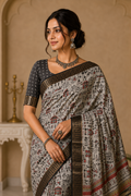 Ivory & Black Tribal Motif Printed Saree with Multicolour Pallu