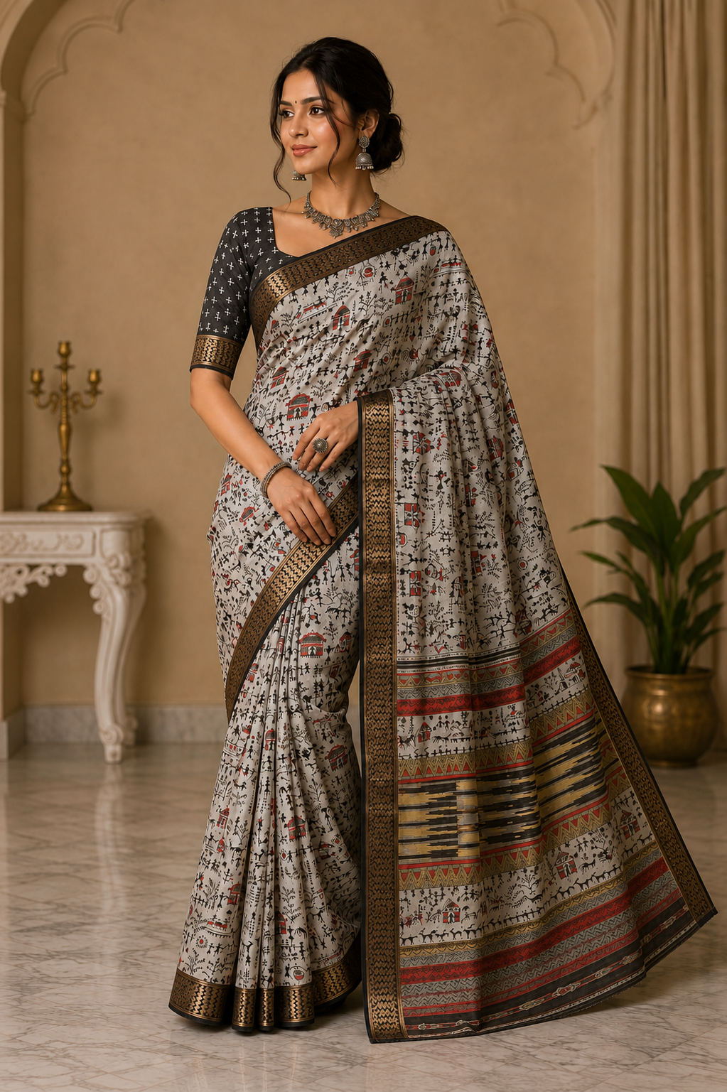 Ivory & Black Tribal Motif Printed Saree with Multicolour Pallu