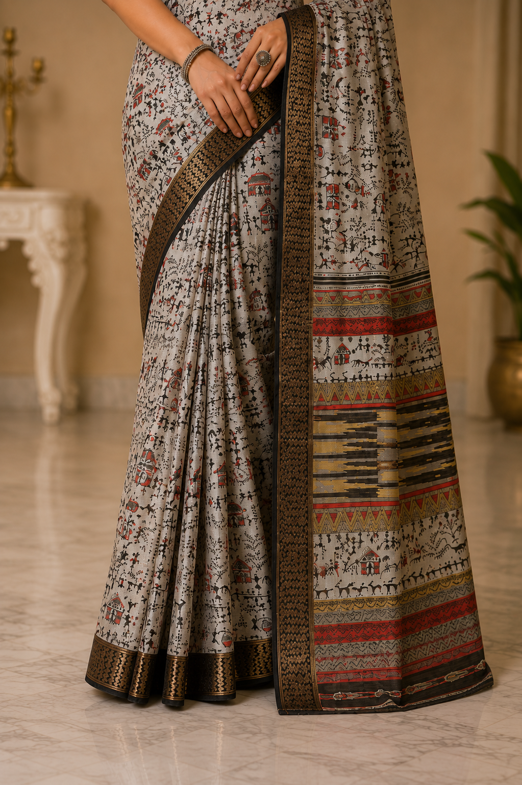 Ivory & Black Tribal Motif Printed Saree with Multicolour Pallu