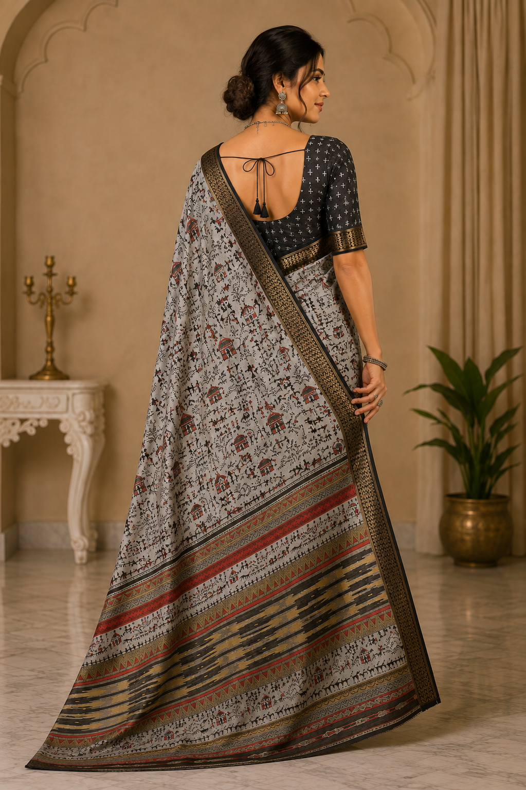 Ivory & Black Tribal Motif Printed Saree with Multicolour Pallu