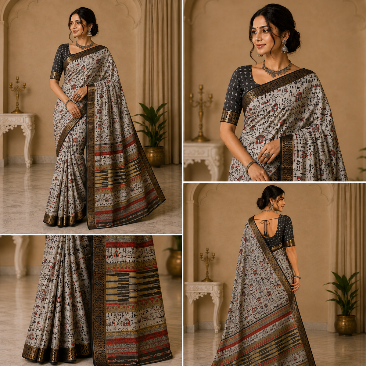 Ivory & Black Tribal Motif Printed Saree with Multicolour Pallu