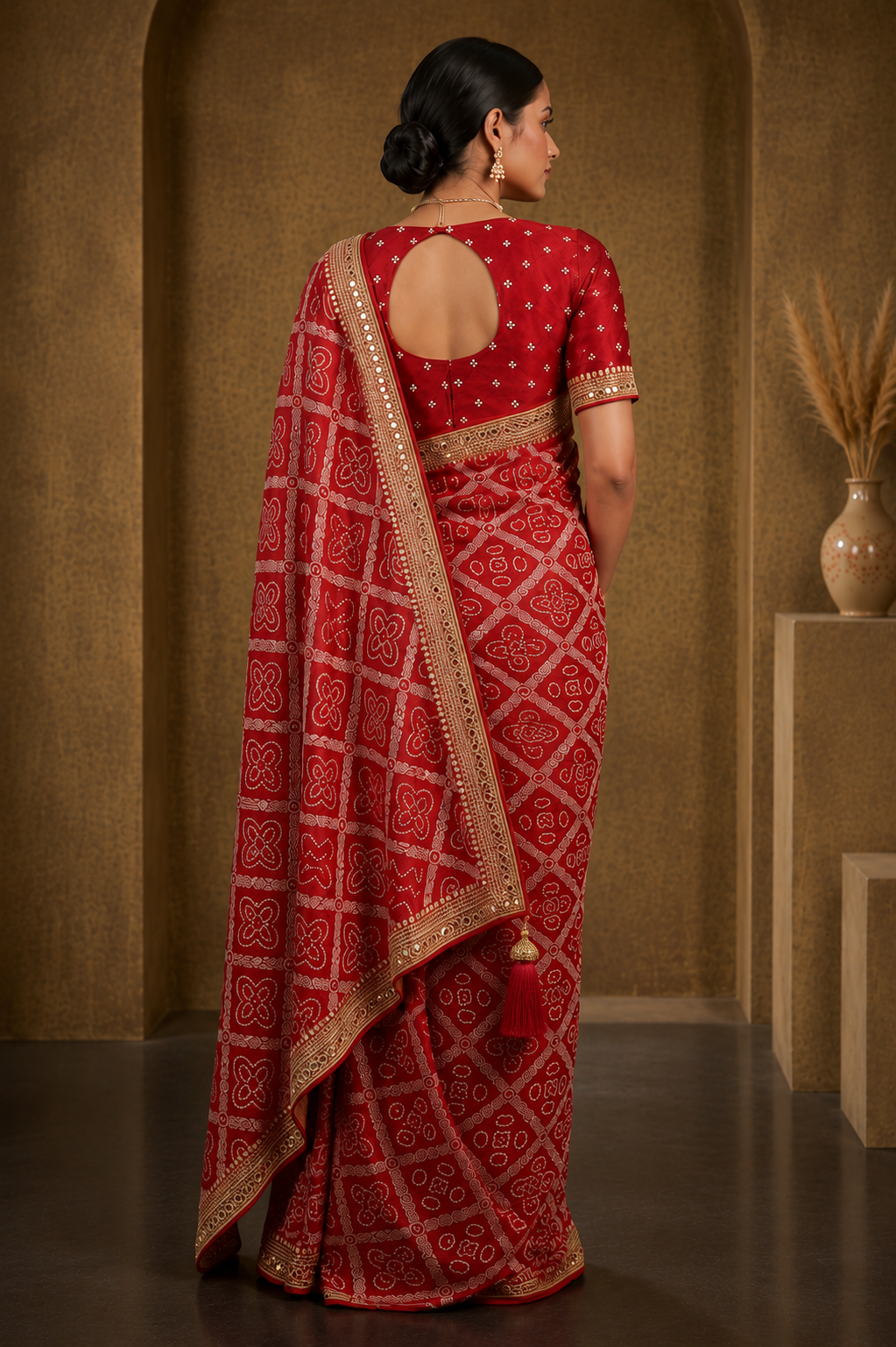 Traditional Red Bandhani Print Saree with Elegant Golden Border