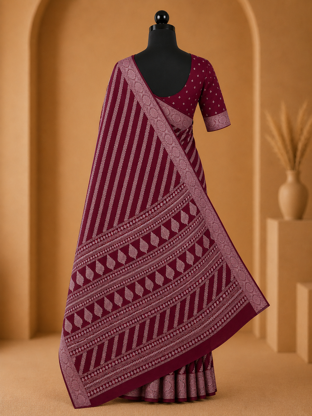 Royal Wine Printed Saree with Elegant Traditional Border