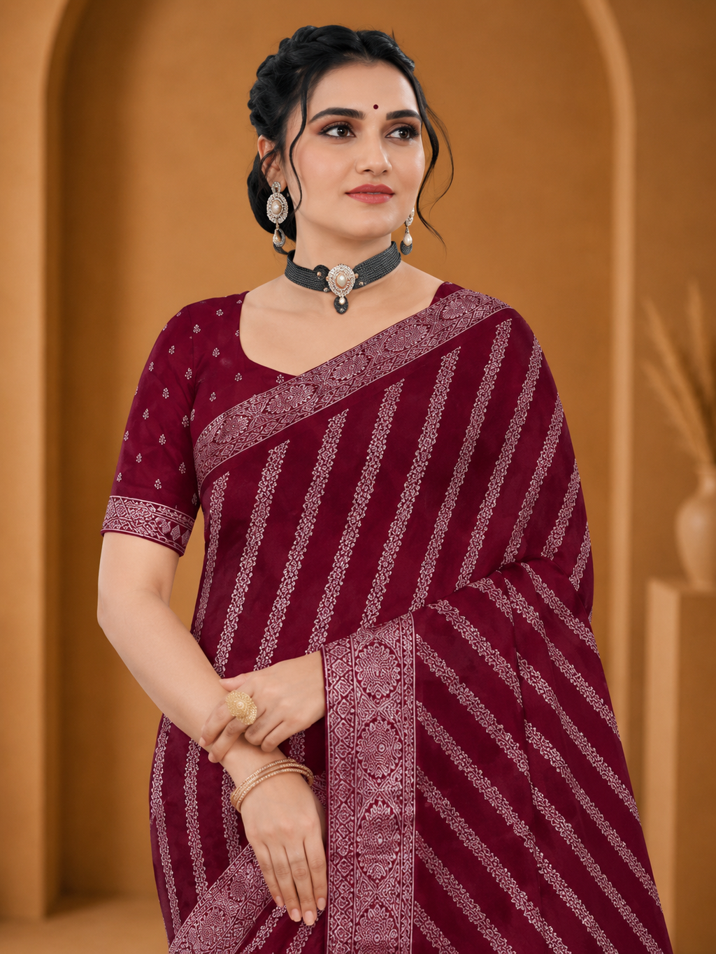 Royal Wine Printed Saree with Elegant Traditional Border