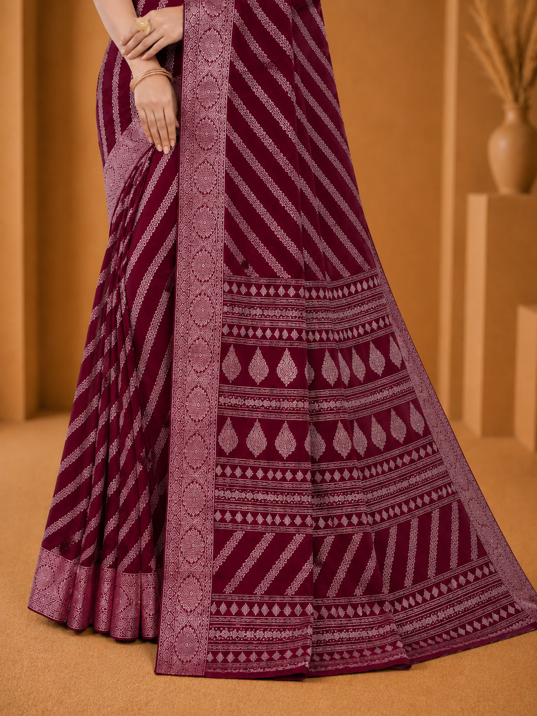 Royal Wine Printed Saree with Elegant Traditional Border