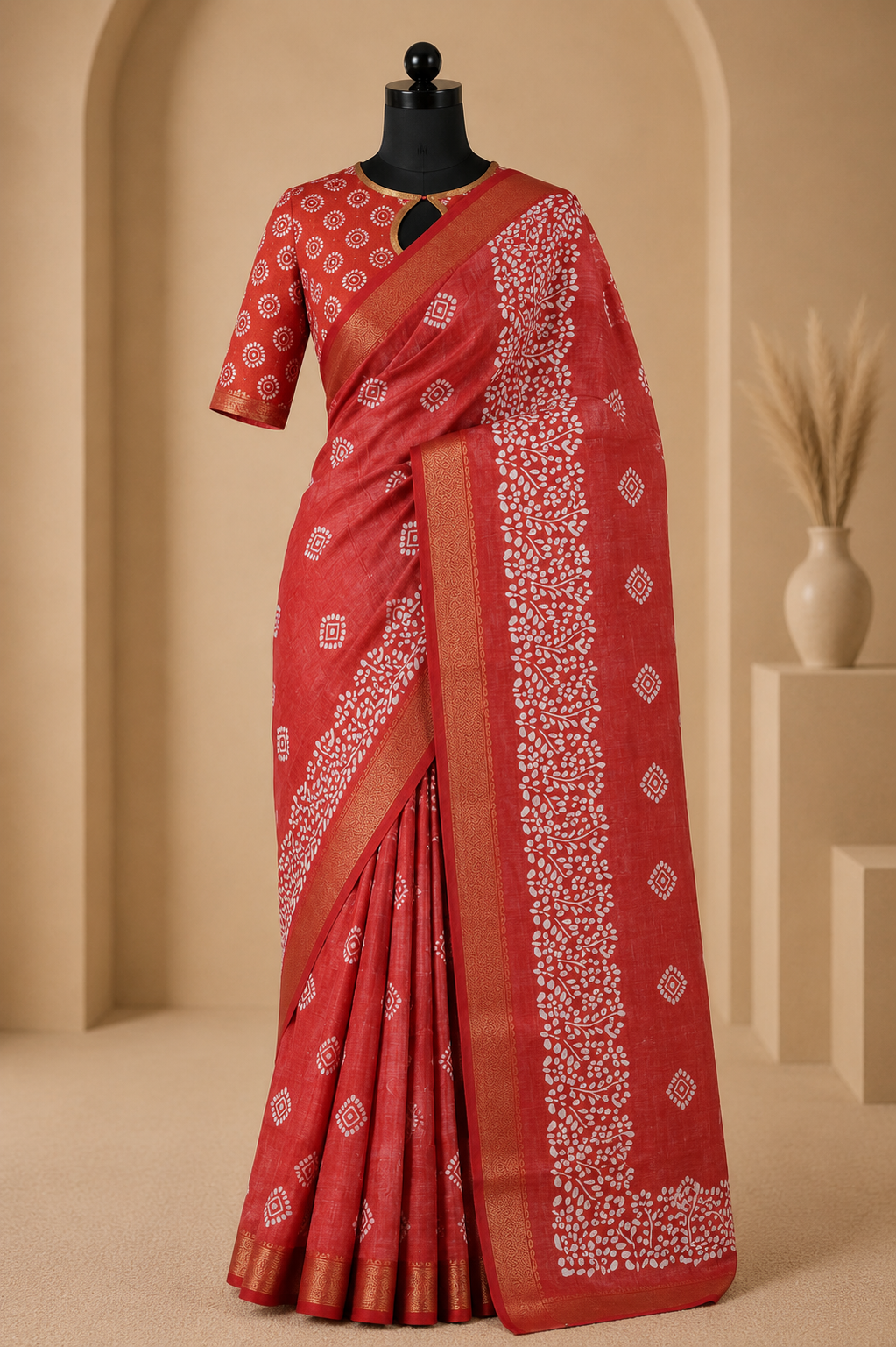 Red Bandhani Print Saree with Traditional Golden Border