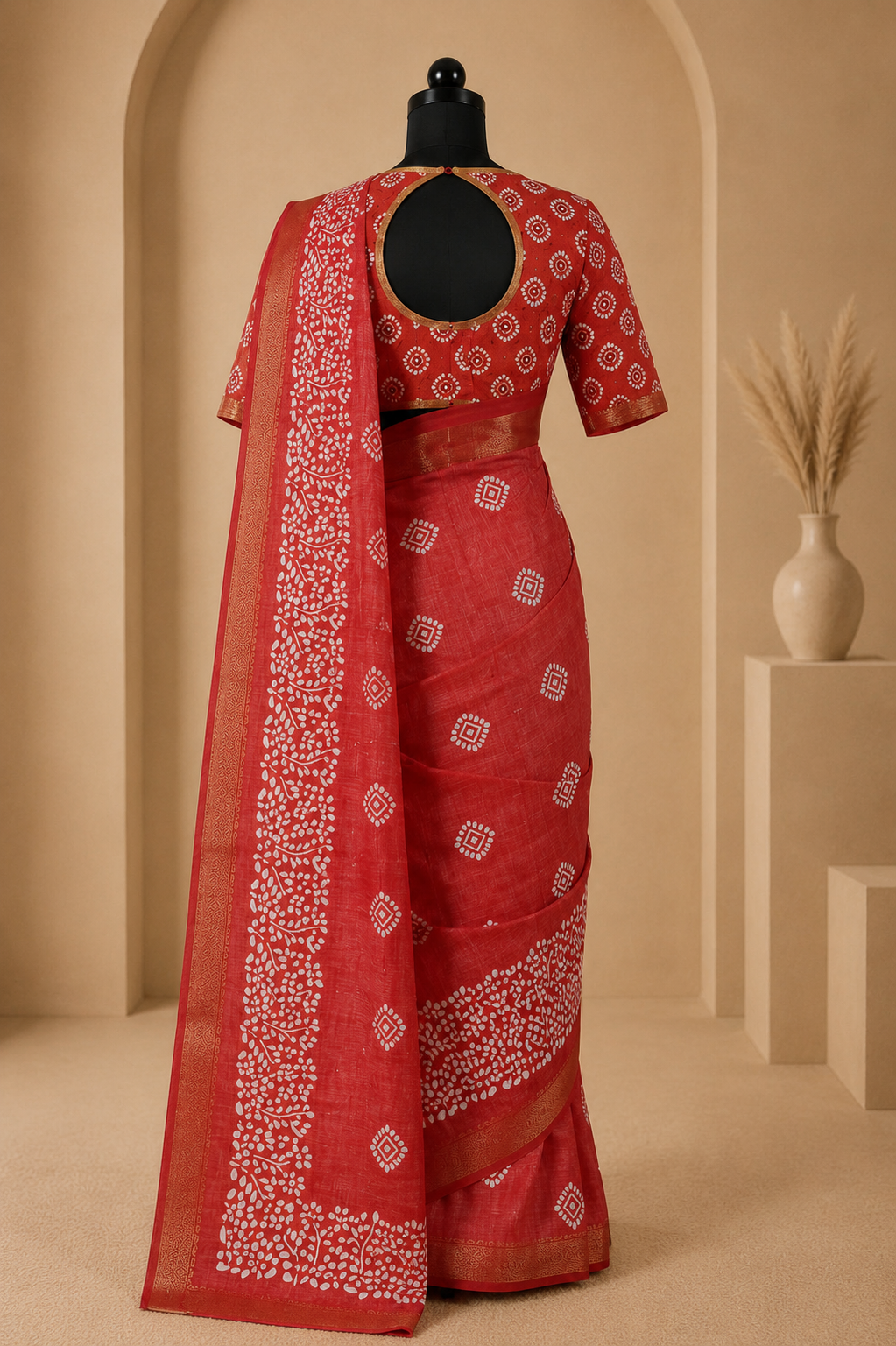 Red Bandhani Print Saree with Traditional Golden Border