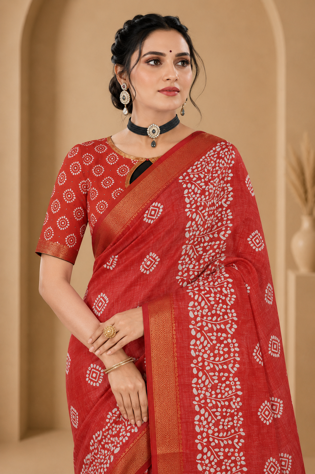 Red Bandhani Print Saree with Traditional Golden Border