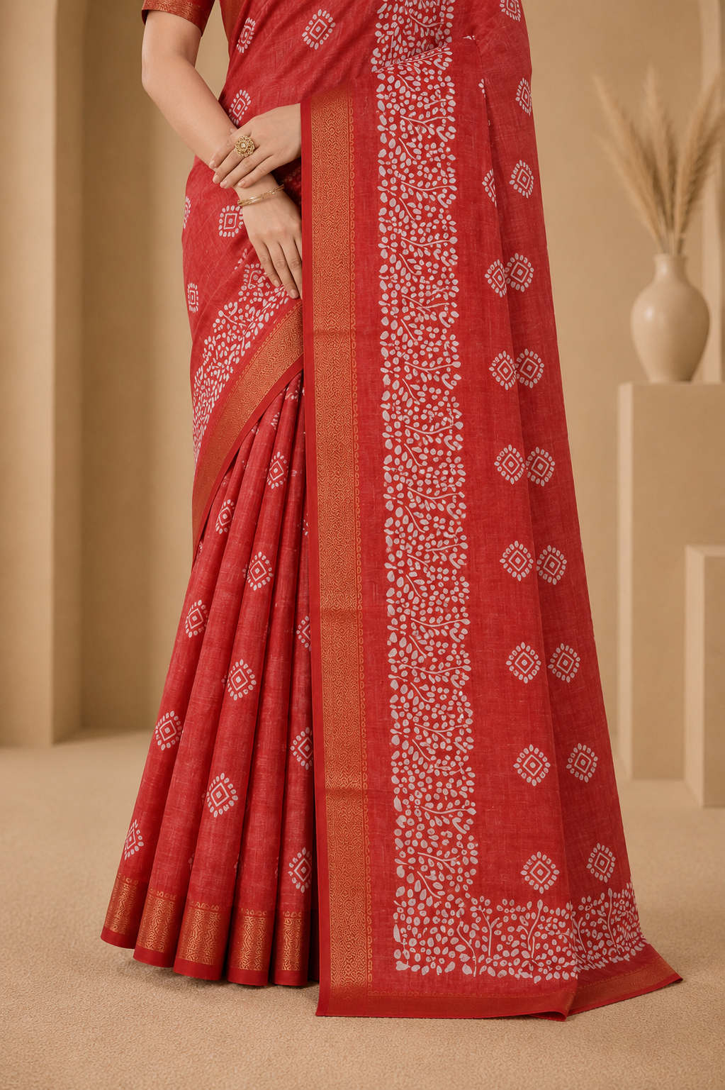 Red Bandhani Print Saree with Traditional Golden Border