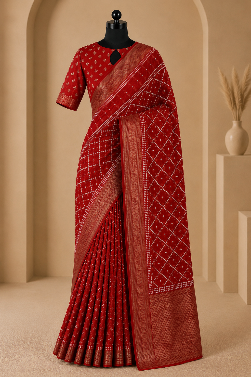 Traditional Red Bandhani Print Saree with Rich Woven Border