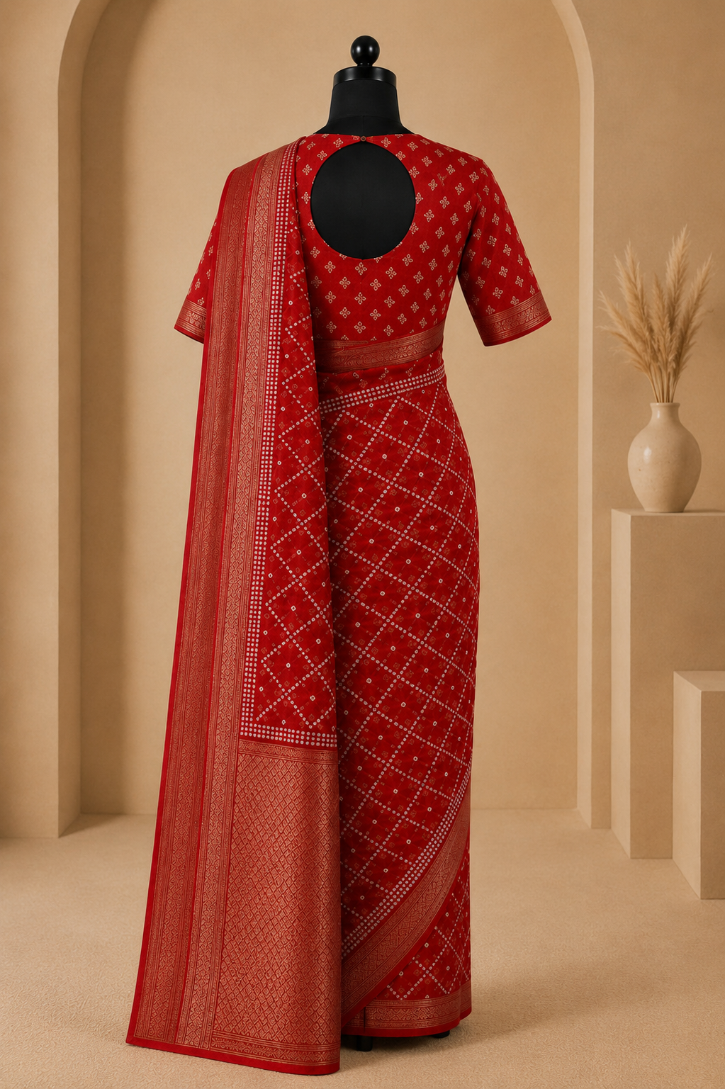 Traditional Red Bandhani Print Saree with Rich Woven Border