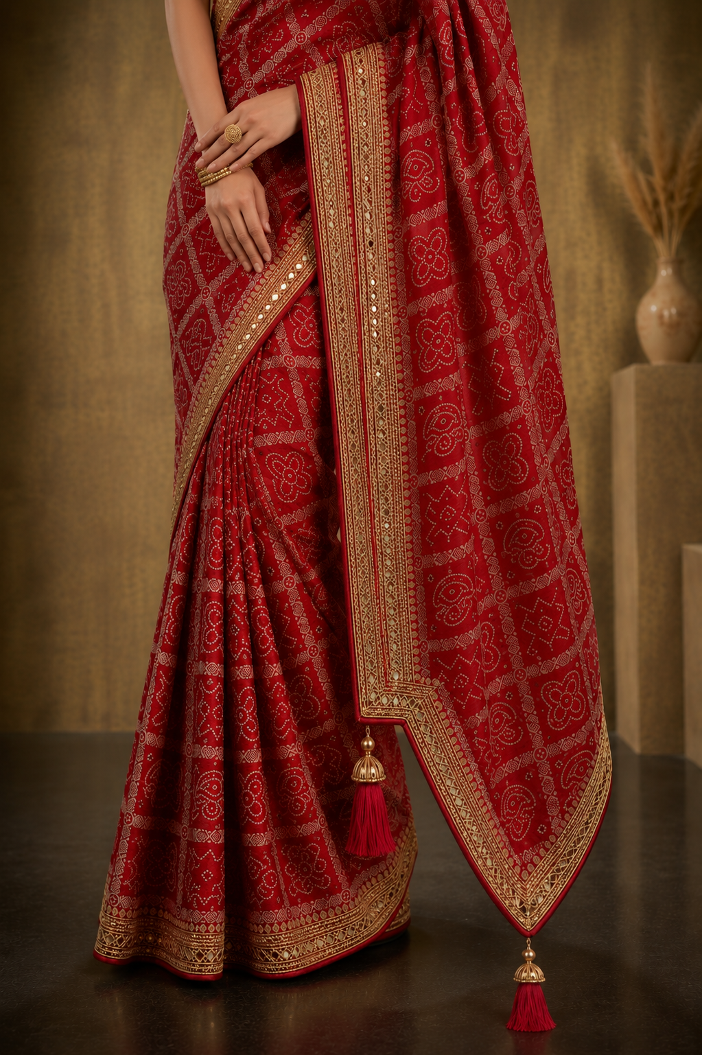 Traditional Red Bandhani Print Saree with Elegant Golden Border