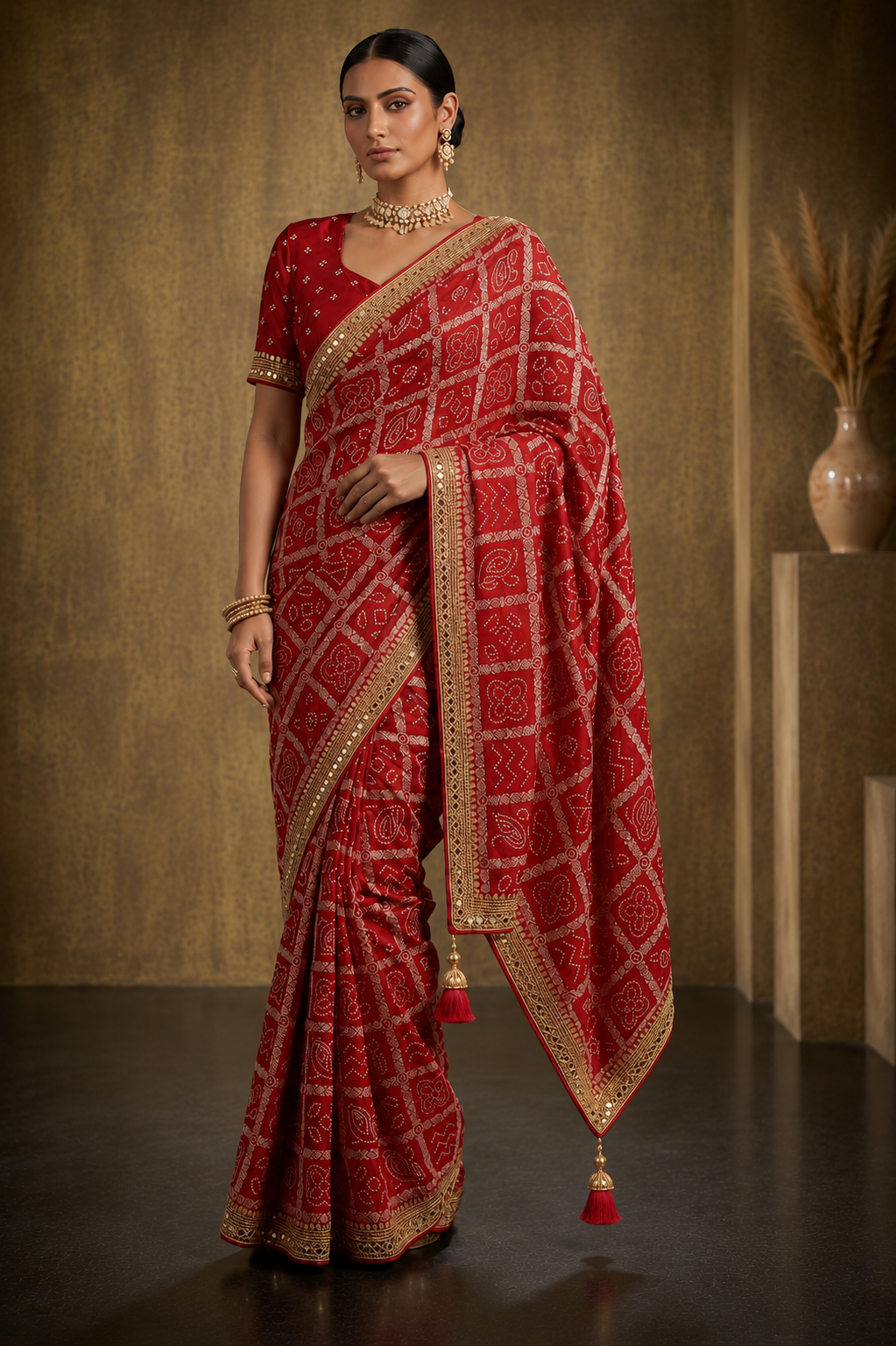Traditional Red Bandhani Print Saree with Elegant Golden Border