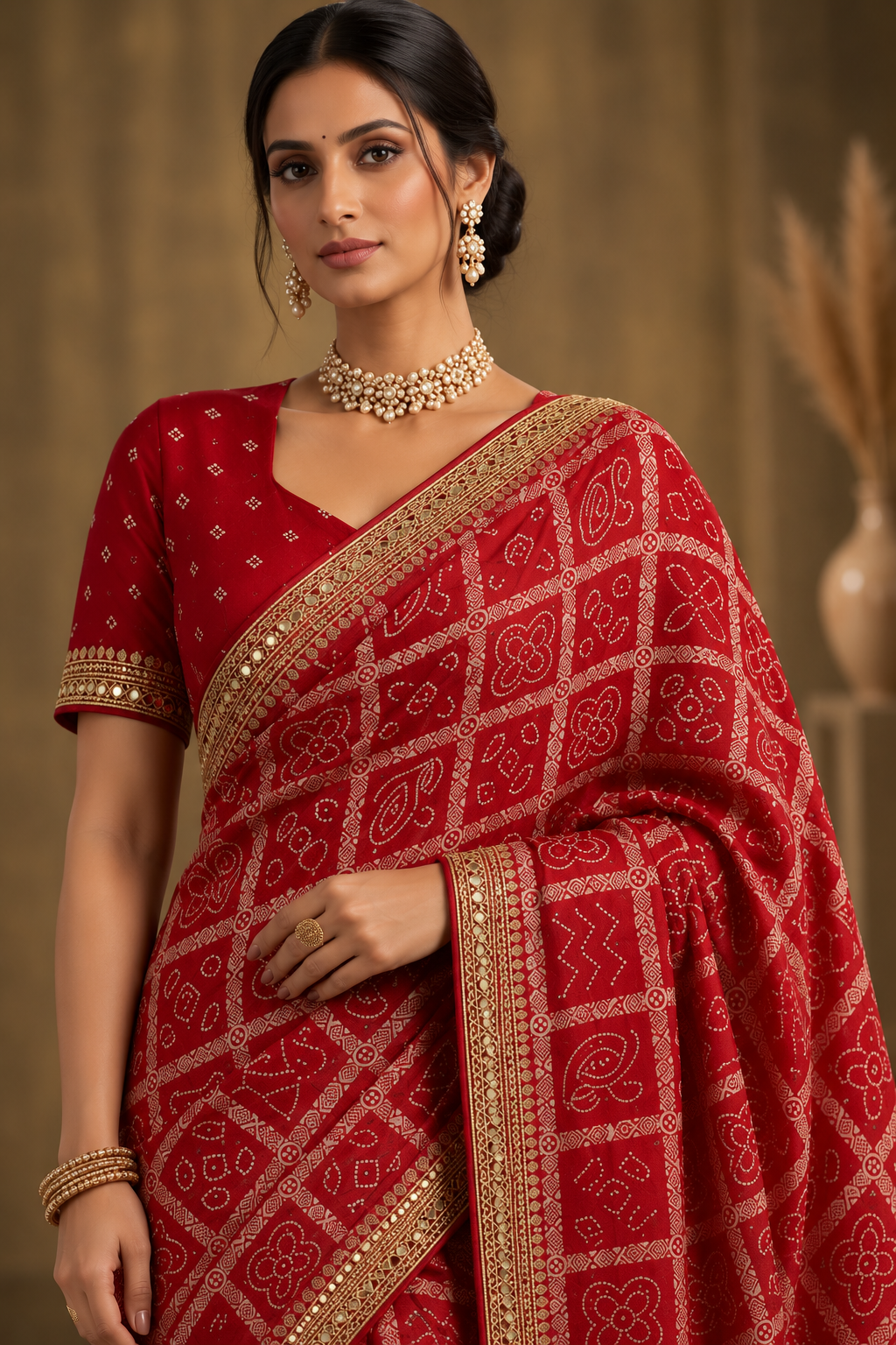 Traditional Red Bandhani Print Saree with Elegant Golden Border