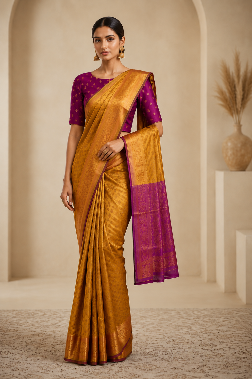 Royal Mustard Gold & Purple Silk Blend Saree with Rich Woven Zari Border