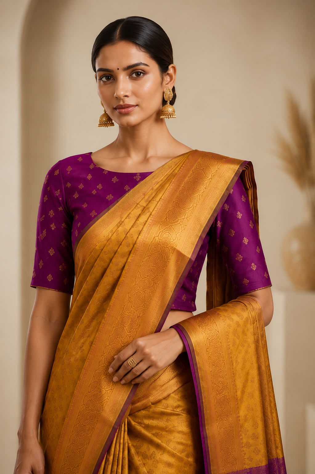 Royal Mustard Gold & Purple Silk Blend Saree with Rich Woven Zari Border