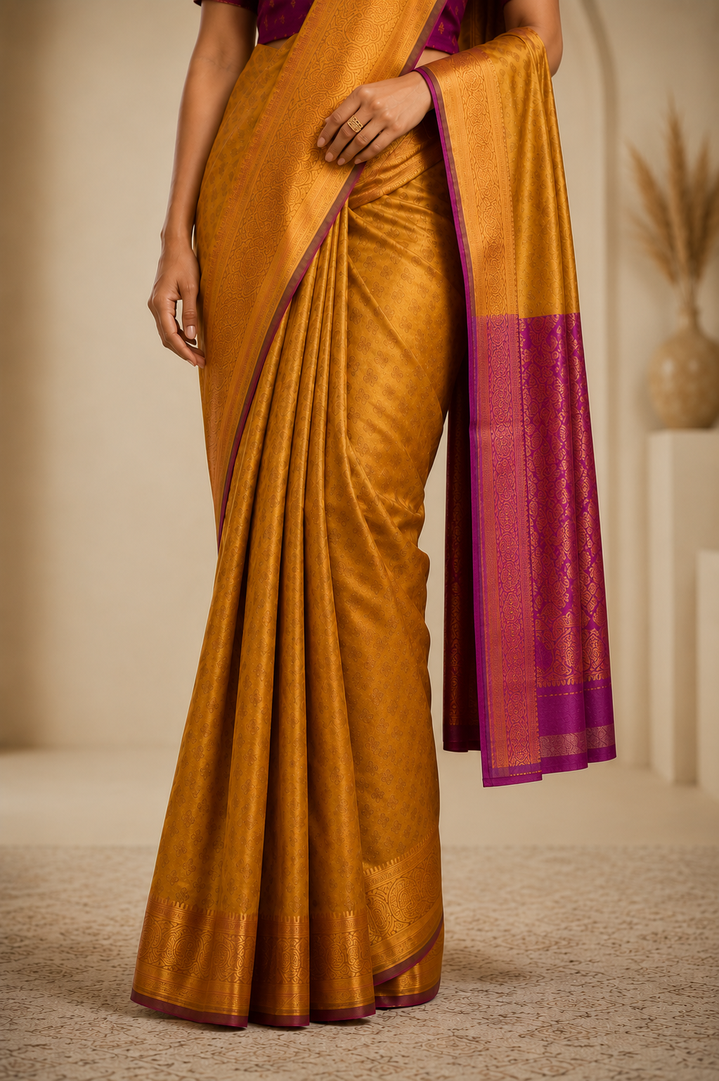 Royal Mustard Gold & Purple Silk Blend Saree with Rich Woven Zari Border