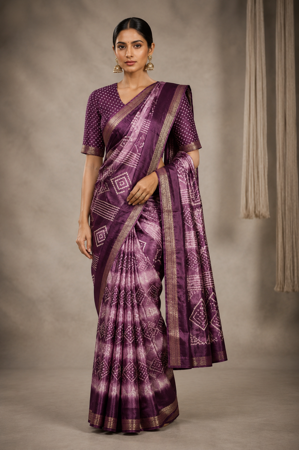 Premium Purple Bandhani Silk Blend Saree with Elegant Zari Border