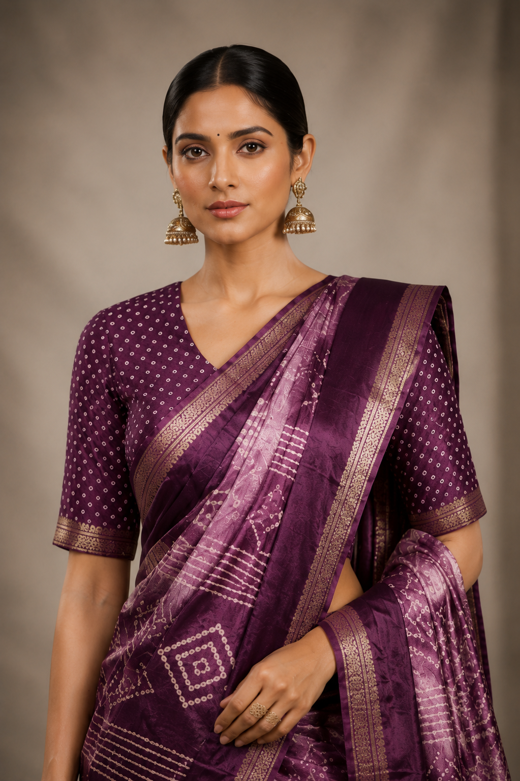 Premium Purple Bandhani Silk Blend Saree with Elegant Zari Border