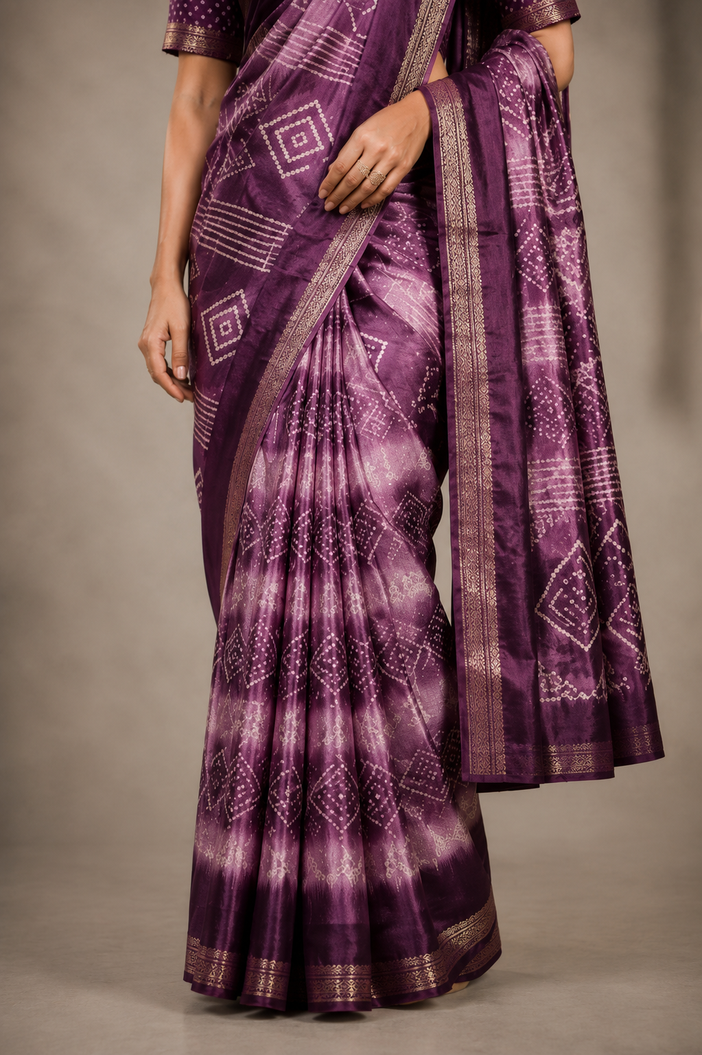 Premium Purple Bandhani Silk Blend Saree with Elegant Zari Border